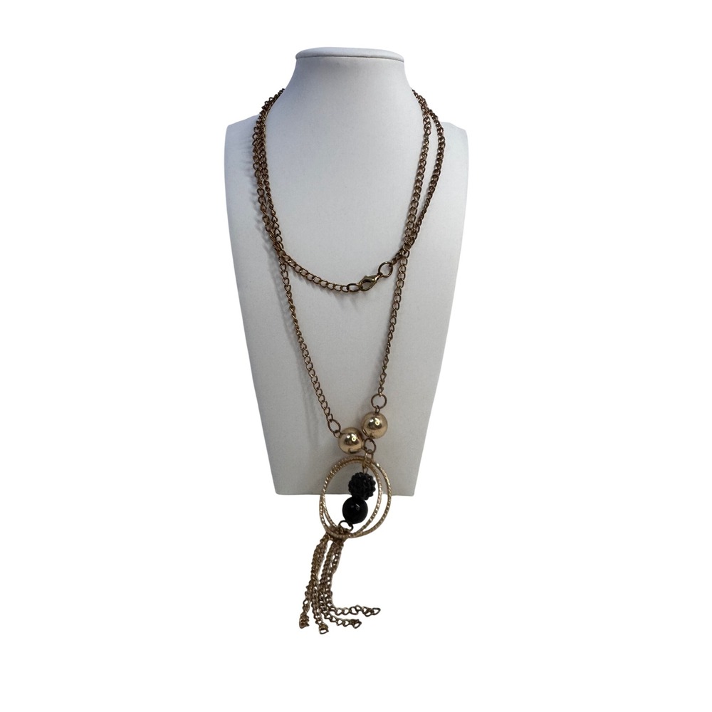 Long Layered Gold Tone Necklace with Black Beads‎ Tassel Pendant Y2K Retro
